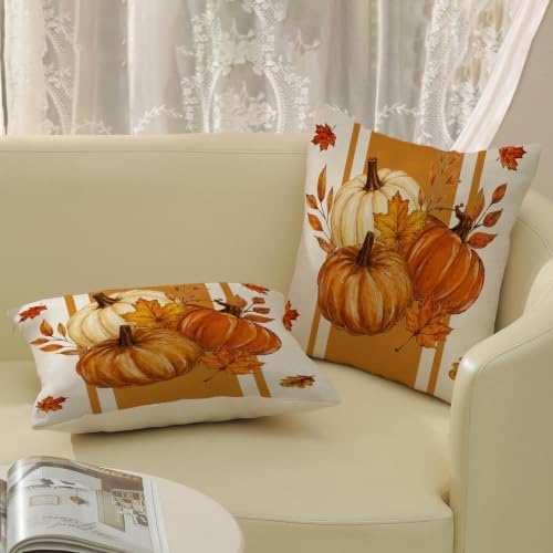 Fall Orange White Pumpkin Pillow Covers 18x18 Set of 2 Stripes - Image 5