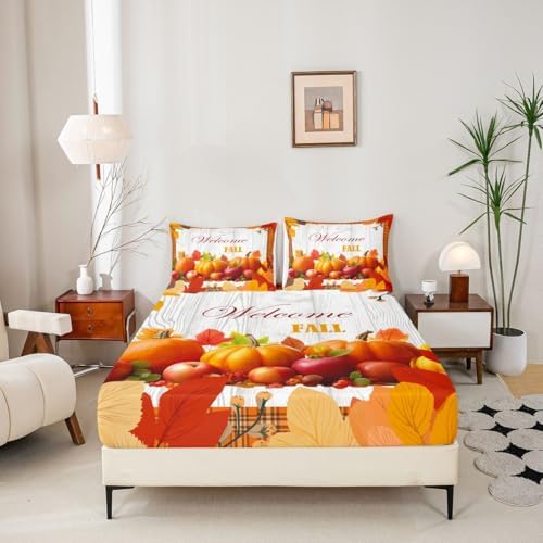 Pumpkin Sheet Set Twin Happy Fall Bed Sheets Thanksgiving Harvest Season Bedding Set For Kids Teen Adults,Orange Buffalo Plaid Fitted Sheet Rustic Farmhouse Flat Sheet 1 Pillow Case Home Room Decor - Image 4
