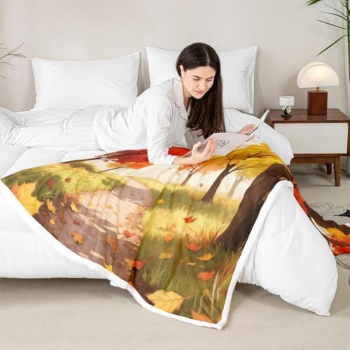 Fall Maple Leaf Sherpa Blanket Country Style Road Throw Blanket Bedroom Living Room Soft Cozy Harvest Thanksgiving Day Blankets Decor for Bed Couch Sofa Orange Yellow Green Flannel Blankets 90"x90" - Image 4
