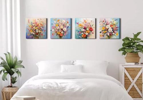 Modern Framed Colorful Wildflower Canvas Wall Art for Living Room Wild Flower Pictures Girls Bedroom Bathroom Decor Floral Prints Watercolors Pinting Bedroom Dinner Room Home Decorations 20x20”4 Pcs - Image 3