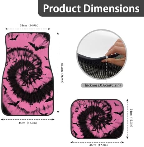 Pink Black Tie Dye Bat Print Funny Halloween Car Floor Mats 4 PCS, Cute Durable Interior Accessories for Car SUV, All Weather Floor Mats with Front Rear Trunk Liners Set for Party