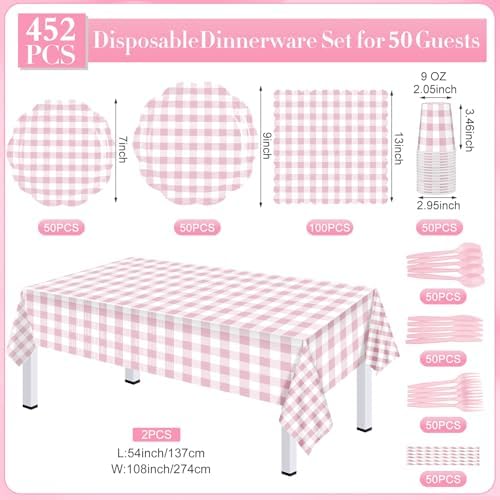 Funnymoom 452 Pcs Pink Gingham Party Decoration Supplies Serve 50 Guests - Image 3