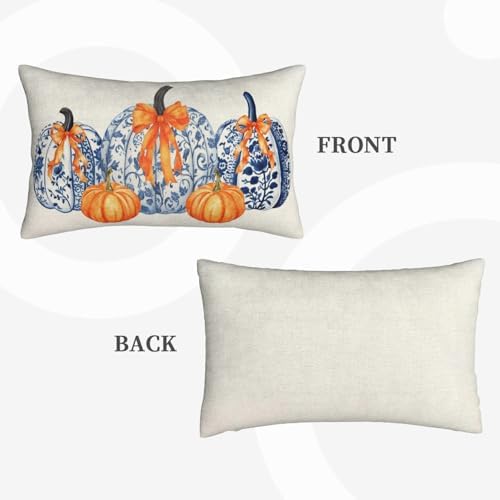 Fall Pillow Covers 12x20 Set of 2 Chinoiserie Blue and Orange Pumpkin Throw Pillows Autumn Thanksgiving Outdoor Fall Decoration Pillowcase Farmhouse Lumbar Cushion Case for Couch Home Decor - Image 3