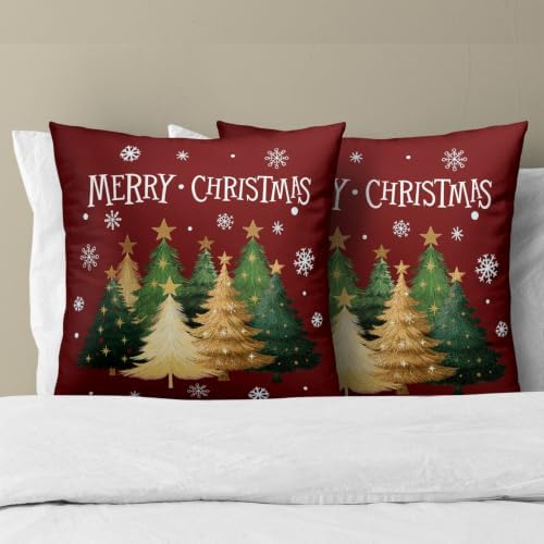 Xmas Tree Red Pillow Covers 20x20 Inch Set of 2, Winter Snowflake Throw Pillow Covers Square Cotton Cushion Cover for Home Couch Sofa Patio Bedroom Livingroom - Image 3