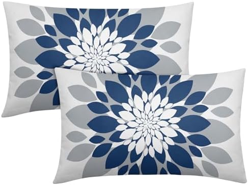 Blue Grey Dahlia Pillow Covers 12x20 Set of 2 Navy Blue Floral Throw Pillow Covers Natural Pillowcase Linen Decoration Farmhouse Soft Decorative Flower Cushion Case Couch for Indoor Outdoor Home Decor by Unknown