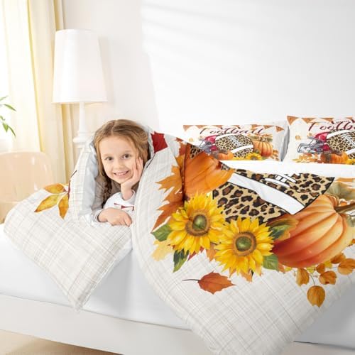 Homewish American Football Comforter Set Fall Pumpkin Sunflowers Bedding Queen Size,Cartoon Sports Games Quilt for Kids Boys Girls Room Decor Rustic Botanical Duvet Insert 3Pcs,TYTS8656ZMD-BZ_USq - Image 3