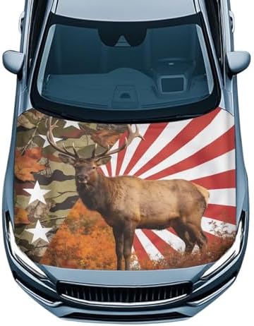 American Elk Print Car Hood Cover Polyester,Engine Protection Cover，Elastic Fabrics Can be Washed,Car Bonnet Banne