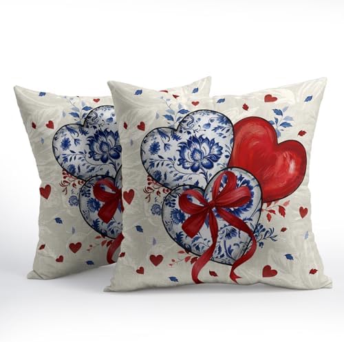Valentines Day Pillow Covers 18x18 Set of 2 Red Blue Heart Throw Pillow Covers Love Pillowcase Linen Decoration Farmhouse Holiday Cozy Soft Cushion Case Couch for Indoor Outdoor Home Decor - Image 2