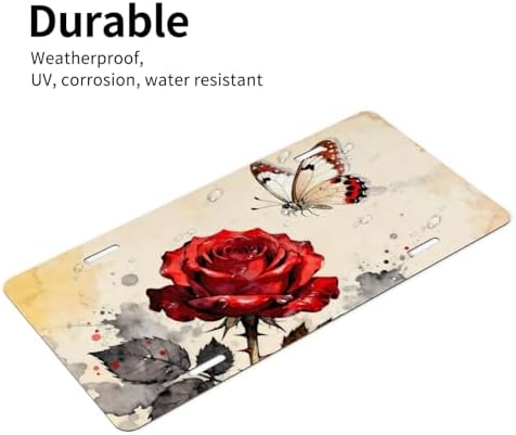 Red Rose Watercolor Butterfly Cool Front License Plate 6x12 Inch