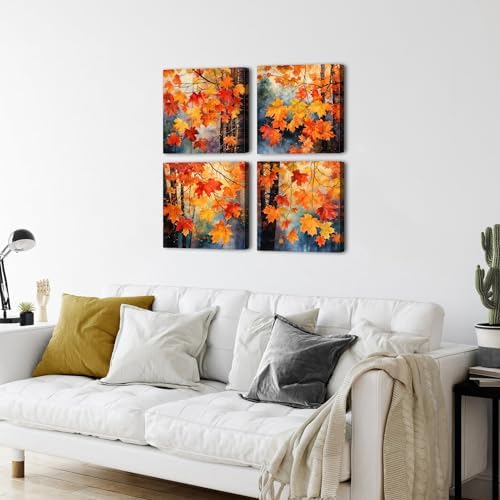 Fall Wall Art Maple Leaves Prints Canvas Decor Watercolor Aesthetic Red Yellow Plant Leaf Pictures for Living Room Bedroom Autumn Country Forest Painting Artwork Kitchen Home Decorations 20x20” 4 Pcs - Image 3