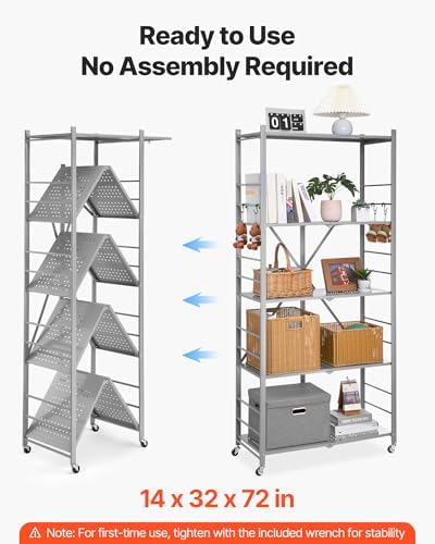 VEVOR 5-Tier Foldable Storage Shelf, 32W x 14D x 72H Inch Folding Metal Rack Shelving Unit, Heavy Duty No Assembly Organizer Shelf with 5 Wheels & 4 Hooks for Pantry, Kitchen, Garage, Basement, Grey - Image 4