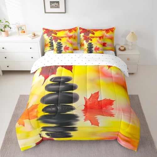 Autumn Zen Stone Twin Comforter Set 7 Pieces Reversible Comforters Twin Size Bed Set Bed in a Bag with Comforter,Fall Leaves Sheets,Pillowcases,Lake View Fall Decorations for Home Bedding Sets - Image 3