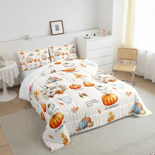 Homewish Fall Theme Pumpkin Comforter Set Twin Size Maple Leaves Bedding Set Vintage Yellow White Stripes Quilt Set for Kids Girls Boys Women Bedroom Decor Rustic Farmhouse Plants Duvet Insert 2Pcs - Image 3