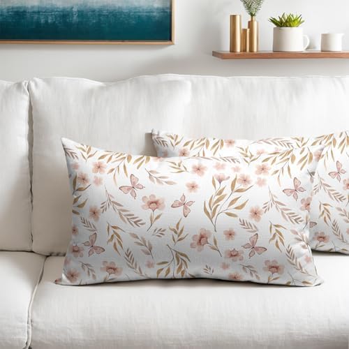 Spring Pink Floral Pillow Covers 12x20 Set of 2 Flower Leaf Throw Pillow Covers Pillowcase Linen Decoration Farmhouse Soft Decorative Butterfly Vintage Cushion Case Couch for Indoor Outdoor Home Decor - Image 2