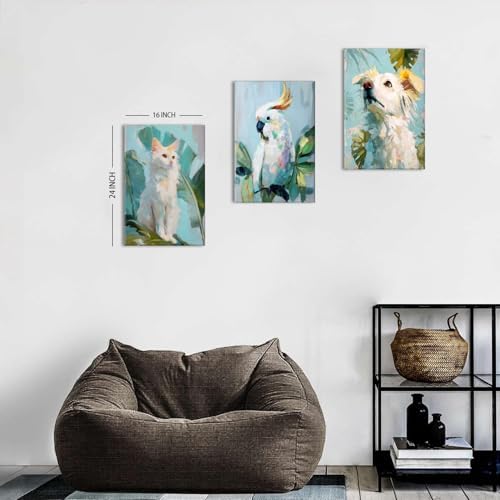 Funny Animal Wall Art Watercolor Green Leaves Pictures Prints Boho Cute Cat Dog Parrot Plant Paintings Posters Kids Bedroom Decor Rustic Botanical Modern Nursery Artwork for Home Decoration 16x24" 3P - Image 4