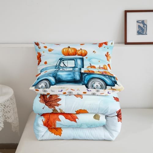 Erosebridal Pumpkin Comforter Set Cartoon Car Bedding Comforter Sets Blue Pumpkin Bedding for Toddler Youth, Boys Autumn Leaf Duvet Insert 3Pcs Fall Decor - Queen, 1 Comforter with 2 Pillowcases - Image 4