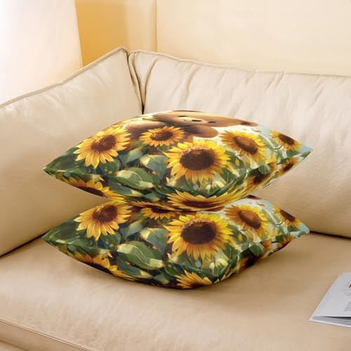 Manfei Lovely Bear Pack of 2 Pillow Covers,Rustic Sunflower Farmhouse Floral Soft Square 18"x18" Cushion Case,Cute Animal Oil Paint Style Throw Pillow Covers,Double Sides - Image 3