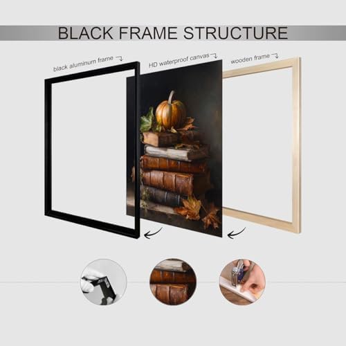 Vintage Pumpkin Still Life Wall Art – Antique Books with Fall Leaves Canvas Print,Dark Academia Autumn Aesthetic Poster for Reading Nook Decor 12x16in Black aluminum frame - Image 3