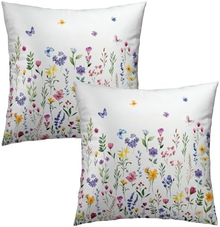 Spring Floral Throw Pillow Covers 24X24 Inches Set of 2 Watercolor Yellow Pink Purple Flowers Leaf Print Butterflies Pillowcase Soft Cotton Square Seasonal Cushion Covers for Living Room Sofa Decor - Image 2