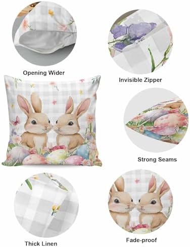 JasmineM Easter Cute Bunny Pillow Covers 16x16 inch Set of 2, Colored Egg Grey Plaid Decorations Outdoor Throw Pillow Covers, Cotton Linen Square Pillowcases for Sofa Couch Bedroom Patio Decorative - Image 5