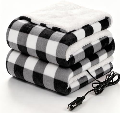 Sealy 12-Volt Electric Portable Heated Car Blanket, 59"x43", Black Plaid