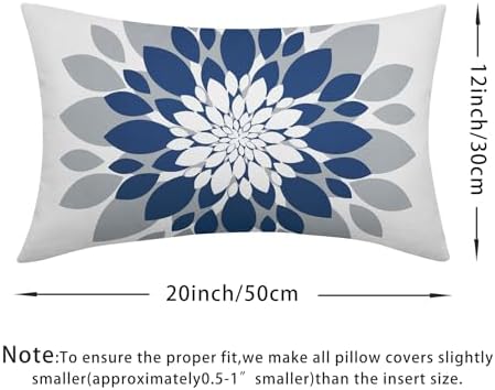 Blue Grey Dahlia Pillow Covers 12x20 Set of 2 Navy Blue Floral Throw Pillow Covers Natural Pillowcase Linen Decoration Farmhouse Soft Decorative Flower Cushion Case Couch for Indoor Outdoor Home Decor - Image 4