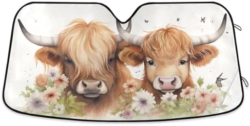 Car Windshield Sun Shade Highland Cows Flower Foldable UV Ray Sun Visor Protector Sunshade to Keep Your Vehicle Cool 55" x 27.6"