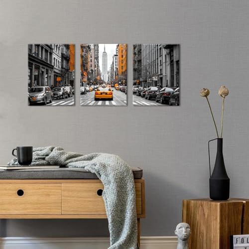 New York City Wall Art Black and White USA Street Poster Urban Yellow Taxi Car Wall Decor for Living Room Modern Building Picture NYC Scenery Panorama Artwork Bedroom Office Home Decoration 12x16" 3P - Image 4