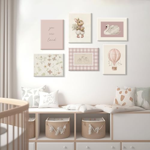 Pink Nursery Wall Art Baby Girl Canvas Wall Decor Vintage Poster Bunny Flower Wall Art Antique Preppy Pictures Animal Floral Prints Kids Swans Painting for Girls Room Bedroom 8x10x6 Inch Framed - Image 4