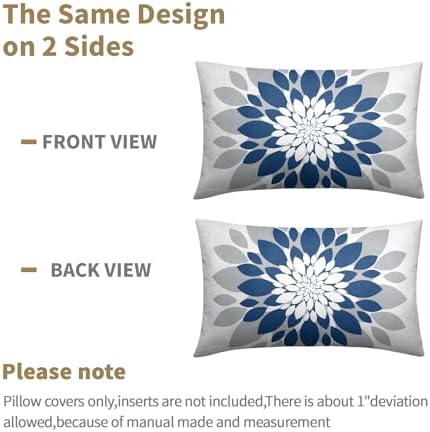 Blue Grey Dahlia Pillow Covers 12x20 Set of 2 Navy Blue Floral Throw Pillow Covers Natural Pillowcase Linen Decoration Farmhouse Soft Decorative Flower Cushion Case Couch for Indoor Outdoor Home Decor - Image 6