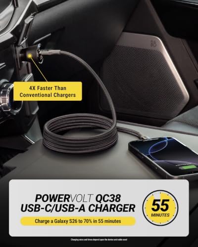 Scosche CPDCA38 38W USB-C Cigarette Lighter Adapter, Dual Car Charger with USB-A and USBC Fast Charging Port Compatible with iPhone 16/15/14/13/12, Samsung Galaxy S25/S24/S23 & Type-C Android Devices