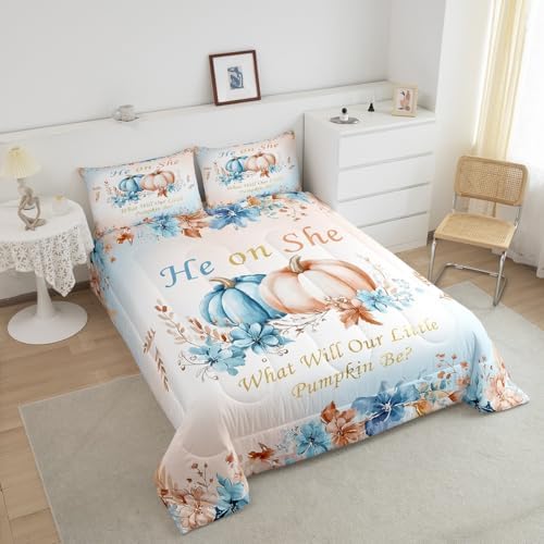 Erosebridal Pumpkins Eucalyptus Leaves Kids Bedding | Fall Comforter Sets King,Autumn Thanksgiving Comforter Blue Pumpkin Decor Duvet Insert with 2 Pillow Cases - Image 4