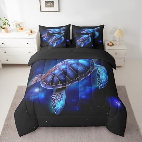 Sea Turtle King Comforter Set 7 Pieces,All Season Bed in a Bag King,Exotic Tortoise Bedding Set with Blue Galaxy Nautical Sea Animal Comforter,Flat Sheet,Fitted Sheet,Pillowcases,Pillow Shams - Image 3
