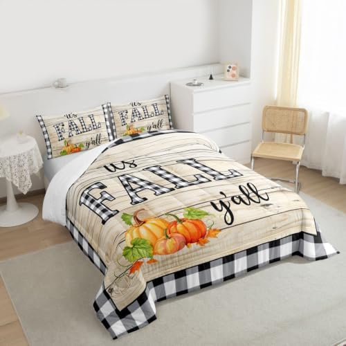 Homewish Fall Pumpkin Grid Comforter Set Full Size,Rustic Farm Barn Wooden Bedding Youth Adults Room Decor,Halloween Plants Plaid Quilt Set Retro Fall Themed Duvet Insert 3pcs,2 Pillowcases - Image 4