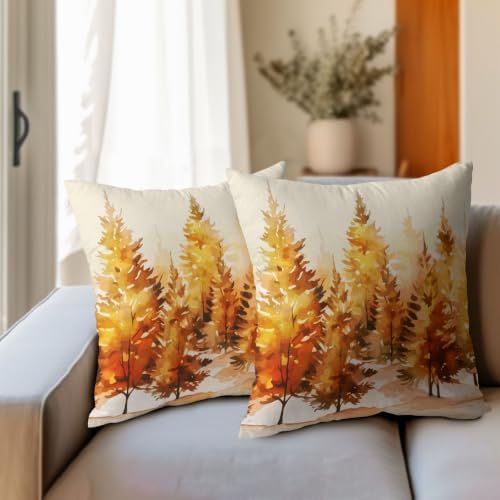 Fall Throw Pillow Covers 22x22 Set of 2 Orange Yellow Pine Trees Thanksgiving Pillow Covers Autumn Nature Forest Watercolor Pillowcase for Kitchen Sofa Cushion Outdoor Bedroom Decoration - Image 4