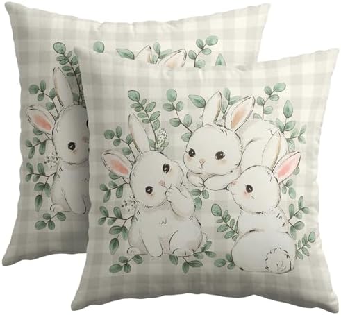 Easter Pillow Covers 24x24 Set of 2 Cute Bunny Rabbit Throw Pillow Covers Rustic Spring Pillowcase Linen Decoration Farmhouse Soft Decorative Plaid Cushion Case Couch for Indoor Outdoor Home Decor by Unknown