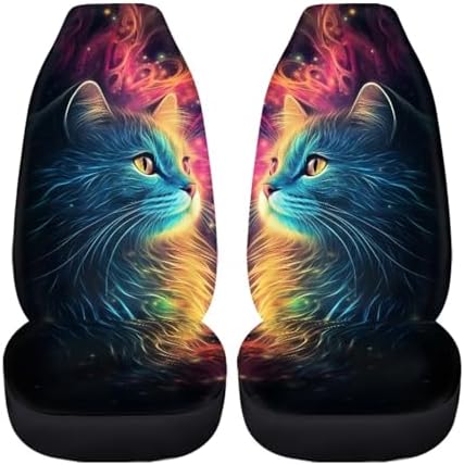 Cute Galaxy Cat Print Car Seat Covers Set of 2 Elastic Fabric Front Bucket Seat Covers Stretch Seats Protector Universal Fit Car Interior Decor