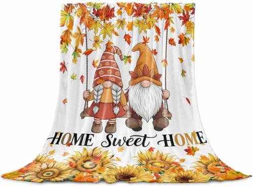 DecorLovee Orange Fall Blanket 50"x60", Reversible Gnomes Thanksgiving Throw Blanket for Couch/Bed, Maple Leaf Sunflower Lightweight Soft Throw Blankets for Women, Warm Fuzzy Blankets for Winter by DecorLovee