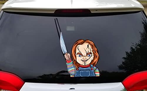 Killer Doll waving a Knife WiperTags with decal attaches to rear vehicle wiper for horror fans or Halloween - MADE IN USA