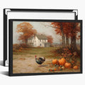 Autumn Farmhouse Wall Art with Turkey and Pumpkins – Vintage Thanksgiving Landscape Poster,Rustic Fall Harvest Canvas Print for Dining Room Decor 12x16in Black aluminum frame by Unknown