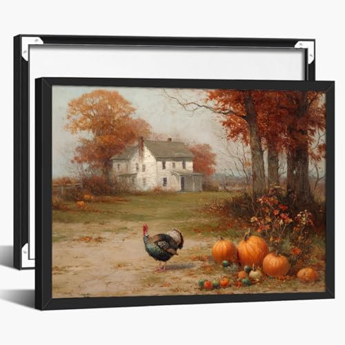 Autumn Farmhouse Wall Art with Turkey and Pumpkins – Vintage Thanksgiving Landscape Poster,Rustic Fall Harvest Canvas Print for Dining Room Decor 12x16in Black aluminum frame by Unknown