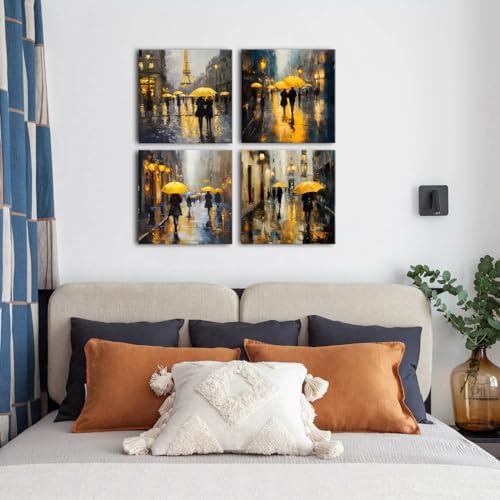 Abstract Wall Art Modern Rain Canvas Prints Decor Girls Umbrella Walking in Street Figure Artwork for Living Room Yellow Dusk Paris Landscape Pictures Couple Bedroom Bathroom Home Decoration 20x20" 4P - Image 4