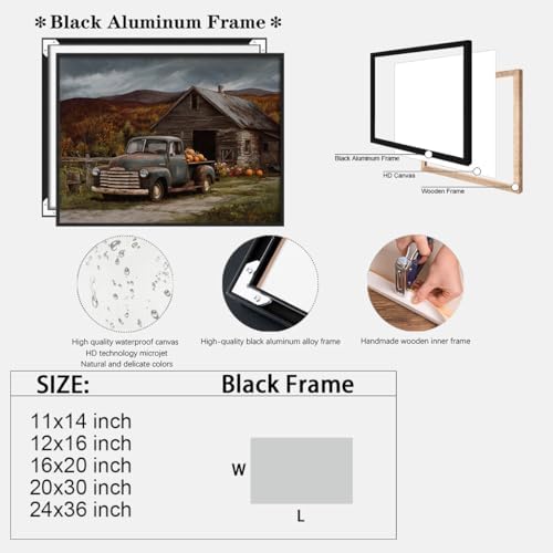 Vintage Truck with Pumpkins Wall Art – Rustic Fall Barn Landscape Canvas,Country Farmhouse Poster for Thanksgiving Entryway or Autumn Living Room Decor 16x20in Black aluminum frame - Image 2