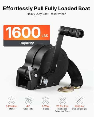VEVOR Boat Winch, 1600 lbs Hand Winch, Heavy Duty Manual Rope Crank with 20ft Orange Polyester Strap, Portable Two-Way Ratchet, 2 Speed Switchable, Anti-Slip Handle Gear for Boat Trailer ATV Towing - Image 2