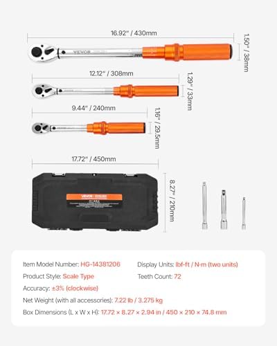 VEVOR 1/4 3/8 1/2 Inch Drive Torque Wrench, 3Pcs Click Torque Wrench Set 20-240IN-LB, 5-45FT-LB, 10-170FT-LB, Dual-Direction Adjustable 72 Tooth for Bicycle, Moto and Car Maintenance - Image 7