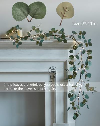 Fudios Lighted Twig Eucalyptus Garland 6FT 96 Warm White LED Battery Operated with Timer for Mantle Fireplace Wedding Party Spring Bedroom Decoration Indoor Outdoor Use - Image 3