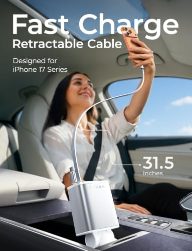 LISEN Retractable Car Charger USB C Fast Charge for iPhone 17 16 15 Pro Max