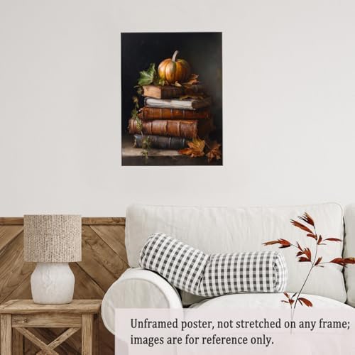 Vintage Pumpkin Still Life Wall Art – Antique Books with Fall Leaves Canvas Print,Dark Academia Autumn Aesthetic Poster for Reading Nook Decor 16x20in Unframed - Image 4