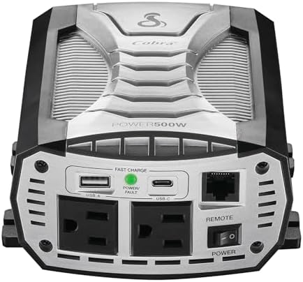 Cobra POWER 500W Power Inverter, Portable – 500-Watt Car Charger, 2 Grounded AC Outlets, 2 Fast Charge USB Ports and Remote Controller (CPIALCDG1) Compatible by CobraElectronics