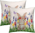 Easter Bunny with Flower Wreath Throw Pillow Covers 24X24 Inches Set of 2 Spring Colorful Tulip Butterflies Pillowcase Soft Cotton Square Seasonal Cushion Covers for Living Room Sofa Bedroom Decor by Sweetshow